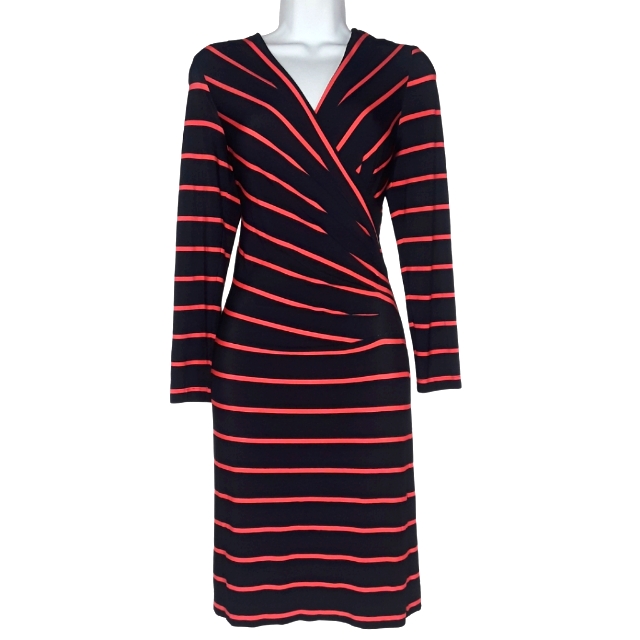 Donna Ricco New York Coral Stripe Navy Blue Faux Wrap Ruching Dress 2 Xs